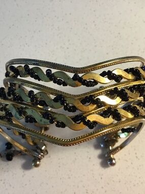 Lovely Ethnic Bronze and Black Beaded Cuff Bracelet